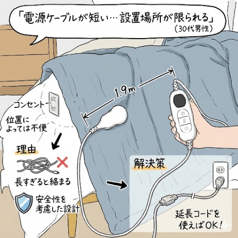 エペイオスの電気毛布napsの悪い口コミ：電源ケーブルの長さが足りない