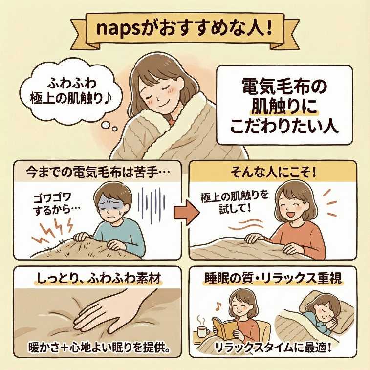 エペイオスの電気毛布napsがおすすめの人：電気毛布の肌触りにこだわりたい人