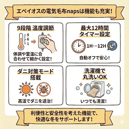 エペイオスの電気毛布napsの特徴：安心の多機能