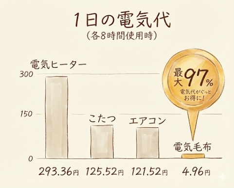 napsは電気代が1時間あたり0.62円で、電気ヒーターやエアコンと比べて最大97％の節約効果があります。