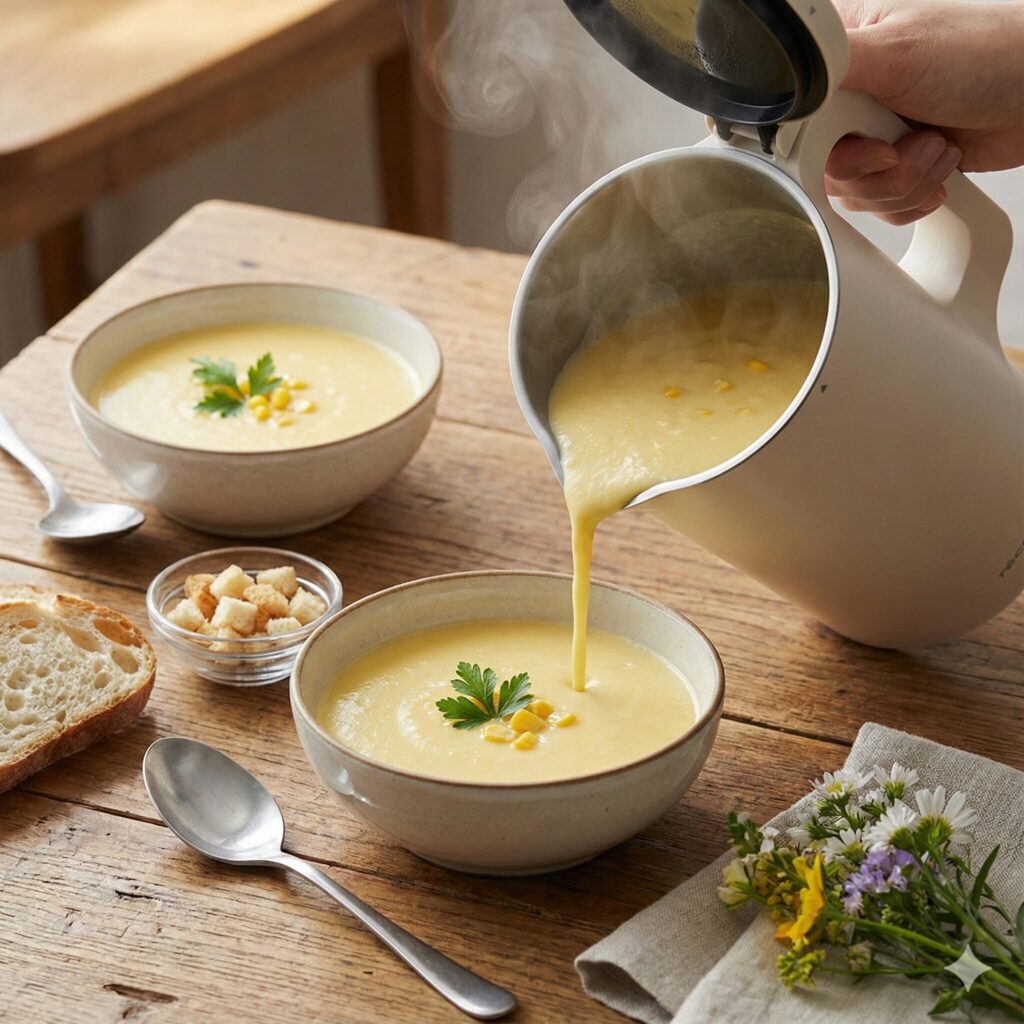 レコルトスープメーカー（自動調理ポット）で裏ごししたようなコーンポタージュスープが作れる