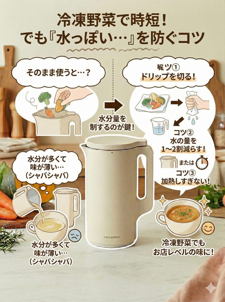 レコルトスープメーカー（自動調理ポット）便利だけど注意！冷凍野菜を使う際の「水分量」調整のコツ