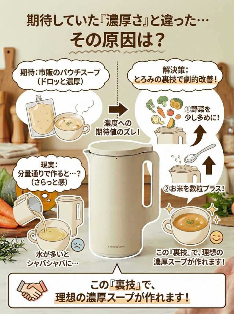レコルトスープメーカー（自動調理ポット）について、期待していた「濃厚さ」と違ったという声