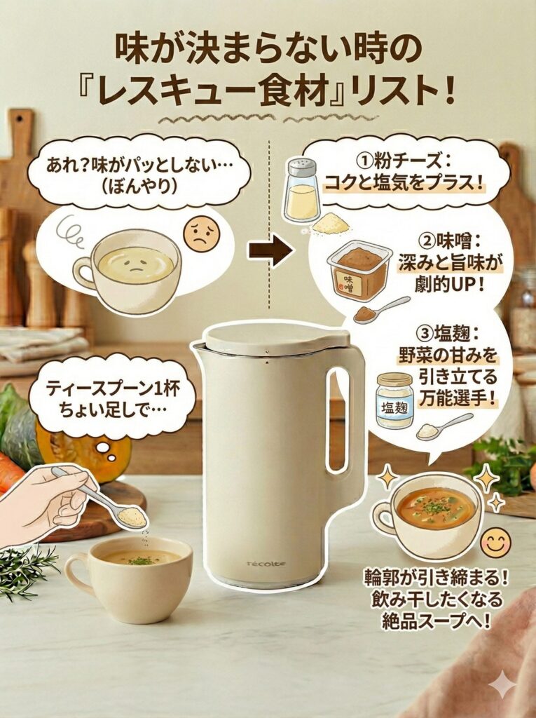 レコルトスープメーカー（自動調理ポット）　味がぼやける時の「レスキュー食材」リスト（粉チーズ、味噌、塩麹など）